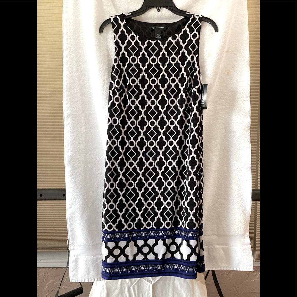 NWT sleeveless dress black with white pattern and blue accents on lower hem